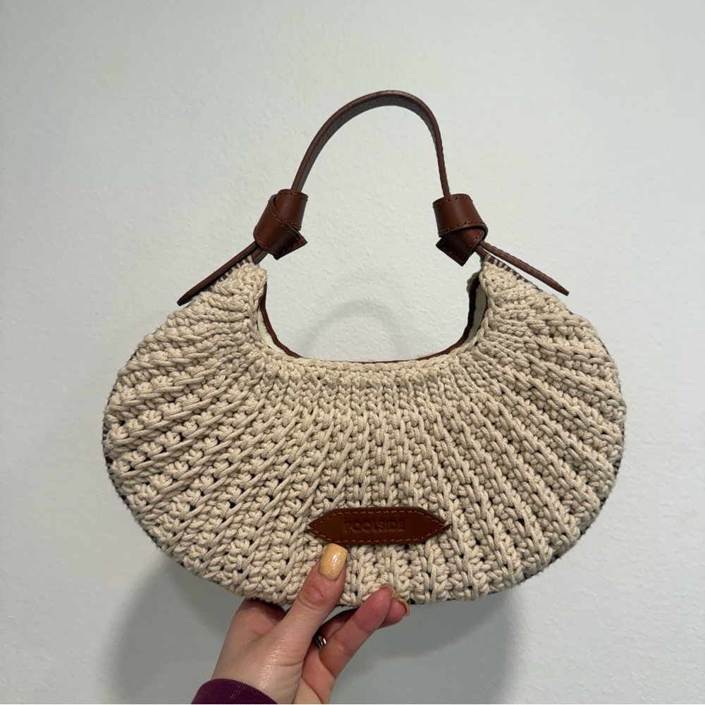 Poolside Revolve Small Knit Crochet Raffia Bag in Neutral